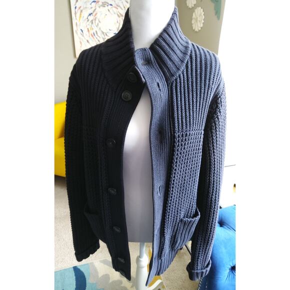 Mens Fisherman chunky knit Caridigan sweater Coastal Navy button up 100% cotton - Picture 9 of 12